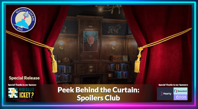 hero image for "peek behind the curtain: spoilers club" image of red velvet curtains pulled back by yellow tassels, revealing the interior of an escape room with bookshelves and a portrait of an old man with wood paneling.