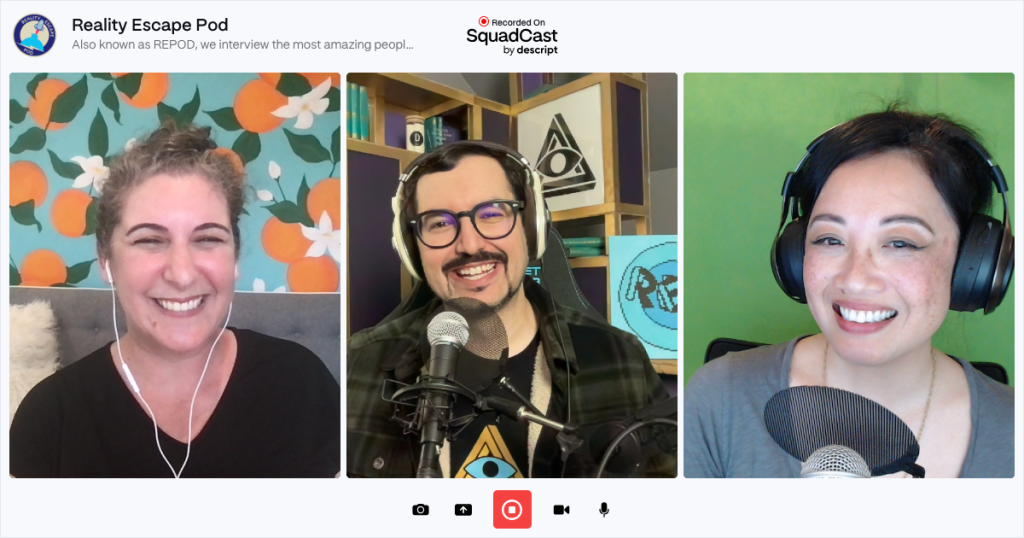 from left to right, woman with white headphones smiling, man with glasses and goatee smiling, wearing headphones with a mic. asian woman smiling, with black headphones and microphone and green background