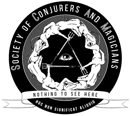 A round logo, the outside has text that says "Society of Conjurers And Magicians". Inside is an image of nude bodies, some with demon tails. They are arranged in a circle with the head of one body going inside the butt of the body in front. 3 of the bodies are holding pitchforks arranged to create a triangle. Inside the triangle is an eye. Underneath is a scroll that says "nothing to see here" and under that is latin text that reads "hoc non significat aliquid"